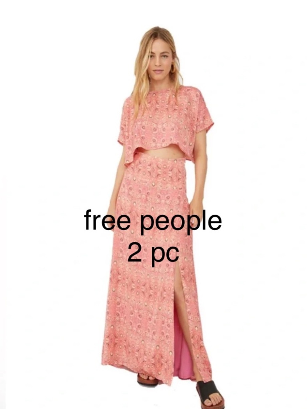 Free People Pink Coral Patterned Candy Combo Maxi Skirt + top - Size 2